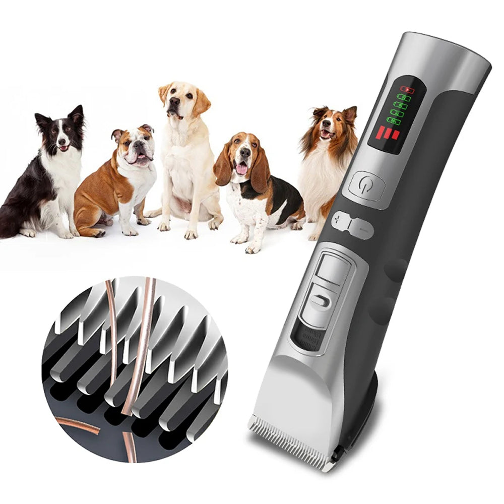 FuriCutx Dog Hair Clipper with close-up of blade and group of dogs in the background