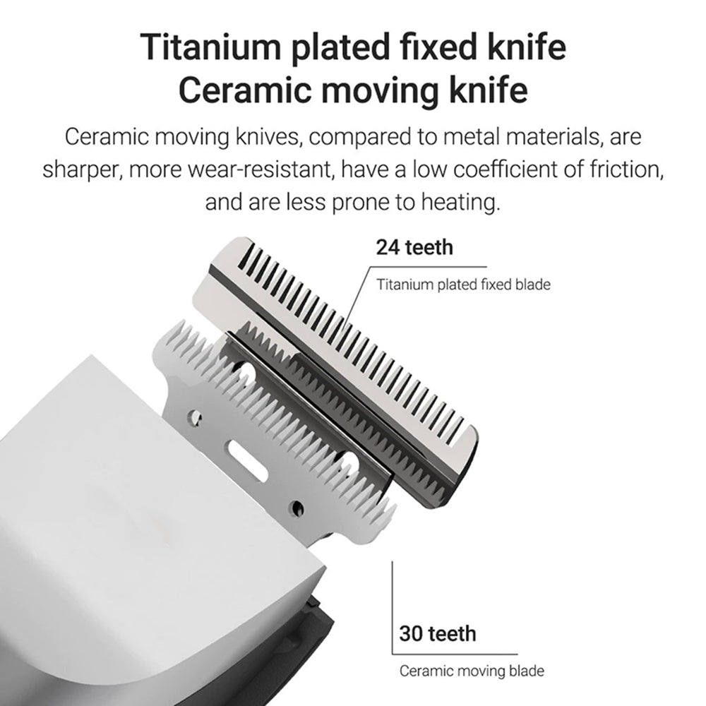 Close-up of a FuriCutx Dog Hair Clipper with text explaining the materials used.