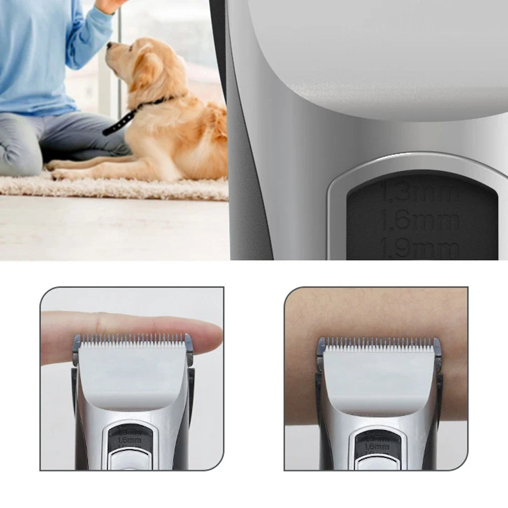 FuriCutx Dog Hair Clipper with close-up details and a person with a dog in the background.