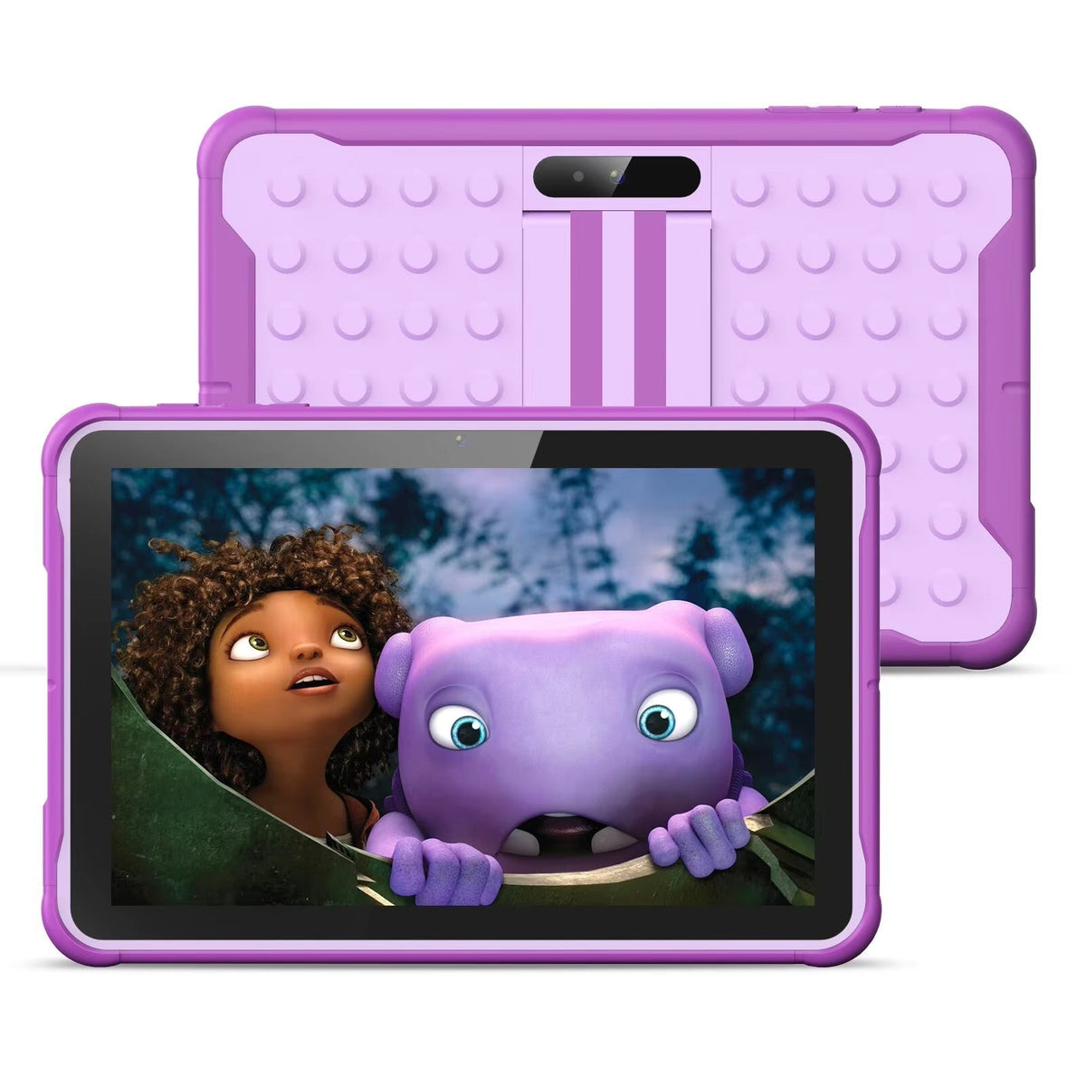 GeniFirt Tablet with a purple case featuring an animated character on a white background