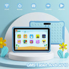 GeniFirt Tablet with a blue case on a light blue background, featuring various app icons on the screen.