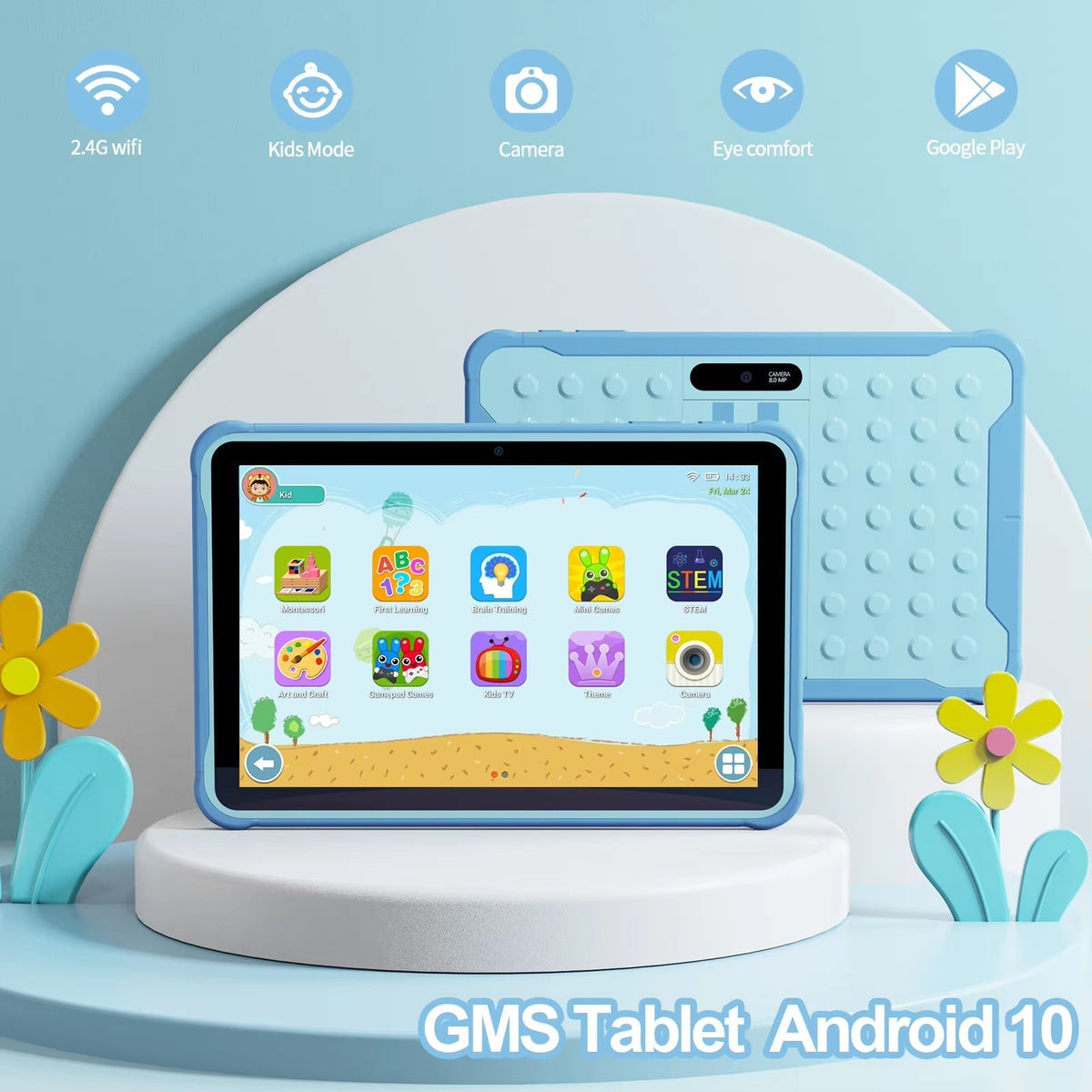 GeniFirt Tablet with a blue case on a light blue background, featuring various app icons on the screen.