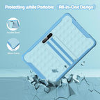Blue GeniFirt Tablet case with durable stand and silicon frame features on a blue background
