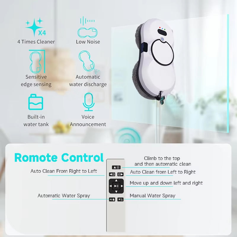 White GlideWini Robot Window Cleaner with features listed on a blurred background