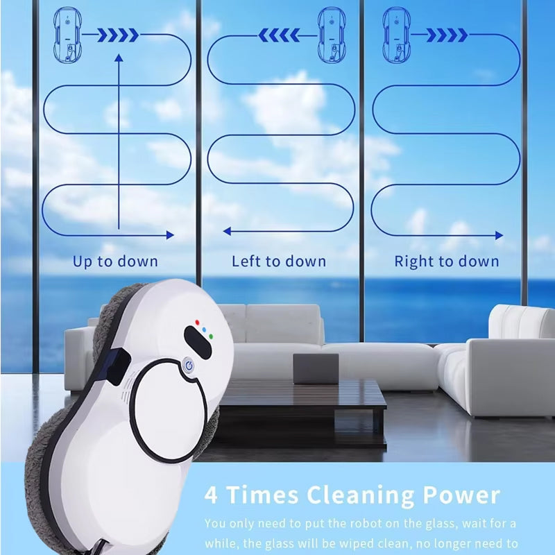 GlideWini Robot Window Cleaner with cleaning instructions displayed in a modern living room.