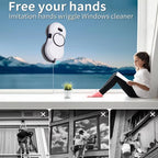 GlideWini Robot Window Cleaner tool with text 'Free your hands' and 'Imitation hands wriggle Windows cleaner' above a scenic window view.