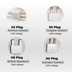 Four different plugs labeled US, EU, UK, and AU with voltage information on a white background.