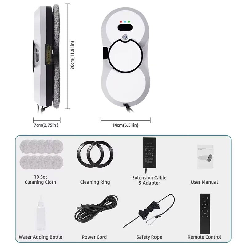 GlideWini Robot Window Cleaner packaging with dimensions, components, and accessories on a white background