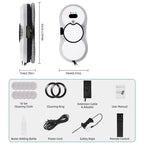 GlideWini Robot Window Cleaner packaging with dimensions, components, and accessories on a white background