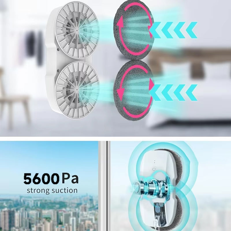 Portable GlideWini Robot Window Cleaner with suction capabilities shown in a cityscape background