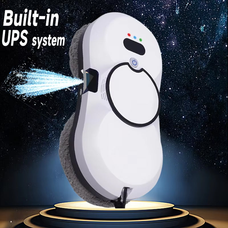 White GlideWini Robot Window Cleaner with gray accents on a dark space-themed background, featuring 'Built-in UPS system' text.