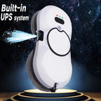 White GlideWini Robot Window Cleaner with gray accents on a dark space-themed background, featuring 'Built-in UPS system' text.