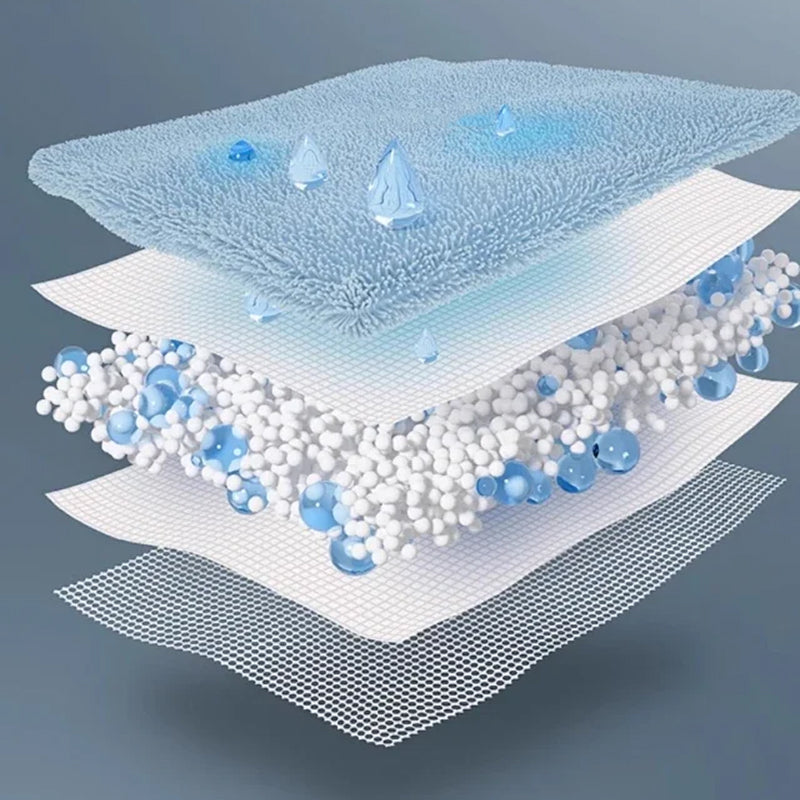 Cross-sectional view of a moisture-absorbing material with blue and white spheres on a gray background
