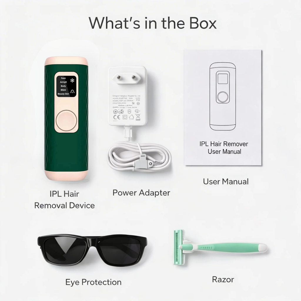 Gloreine IPL Hair Removal Device with power adapter, user manual, eye protection, and razor on a white background.