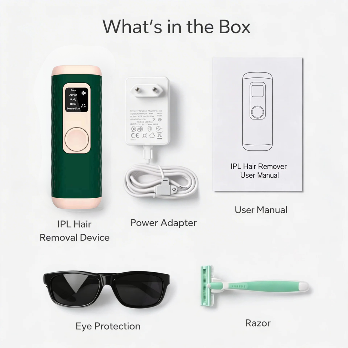 Gloreine IPL Hair Removal Device with power adapter, user manual, eye protection, and razor on a white background.