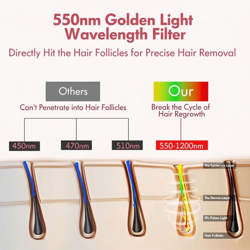 Diagram of 550nm Golden Light Wavelength Filter for Gloreine IPL Hair Removal Device with labeled parts and text.