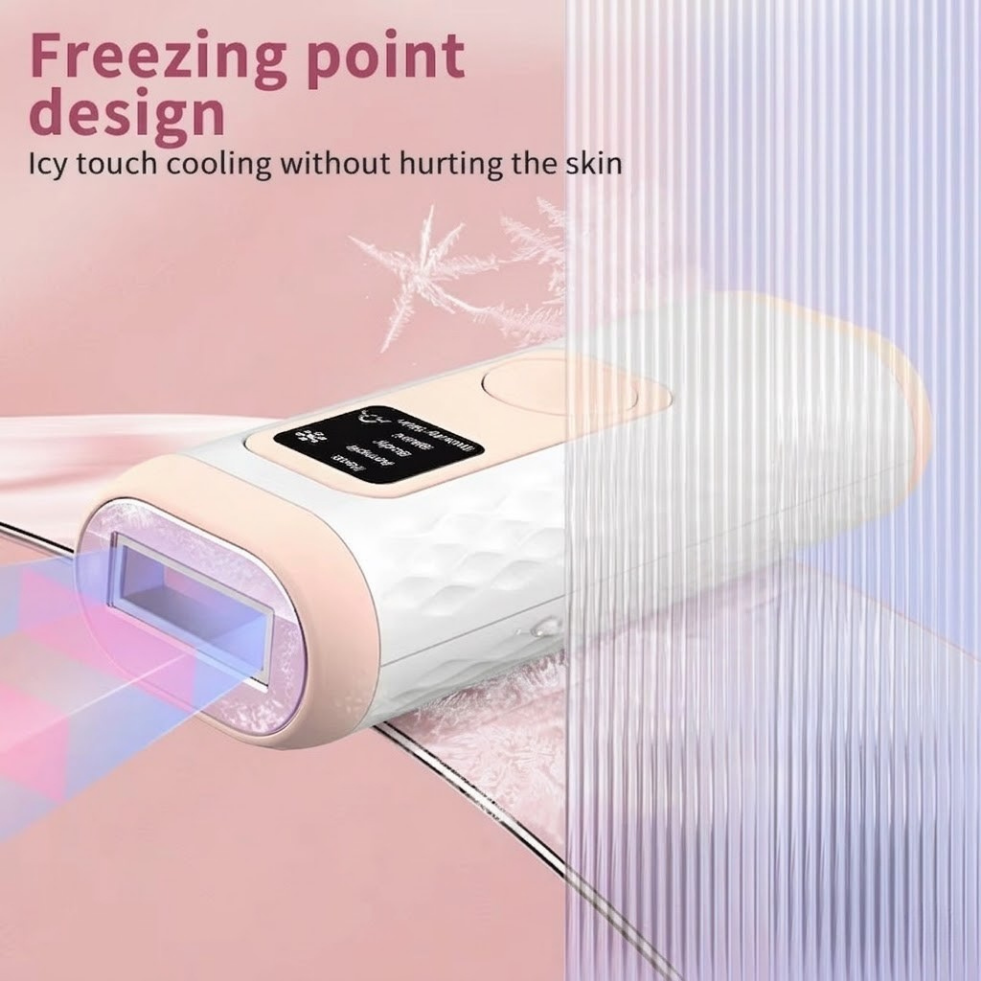 Gloreine IPL Hair Removal Device with icy touch cooling feature on a pink and blue gradient background