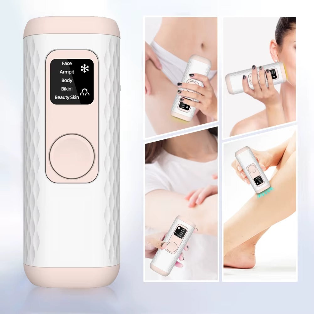 Portable Gloreine IPL Hair Removal Device with screen and buttons, used on various body parts.