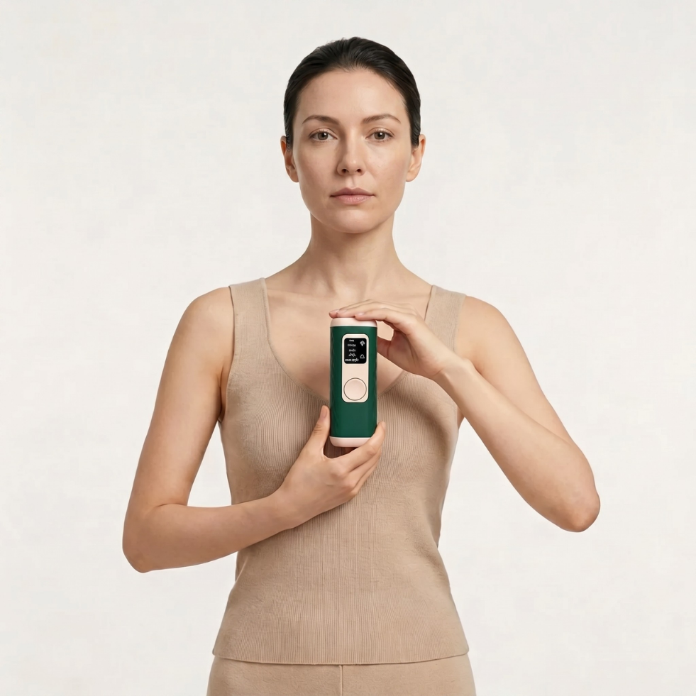 Woman holding a Gloreine IPL Hair Removal Device against a white background