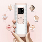 Gloreine IPL Hair Removal device for skin care with labeled areas on a pink background