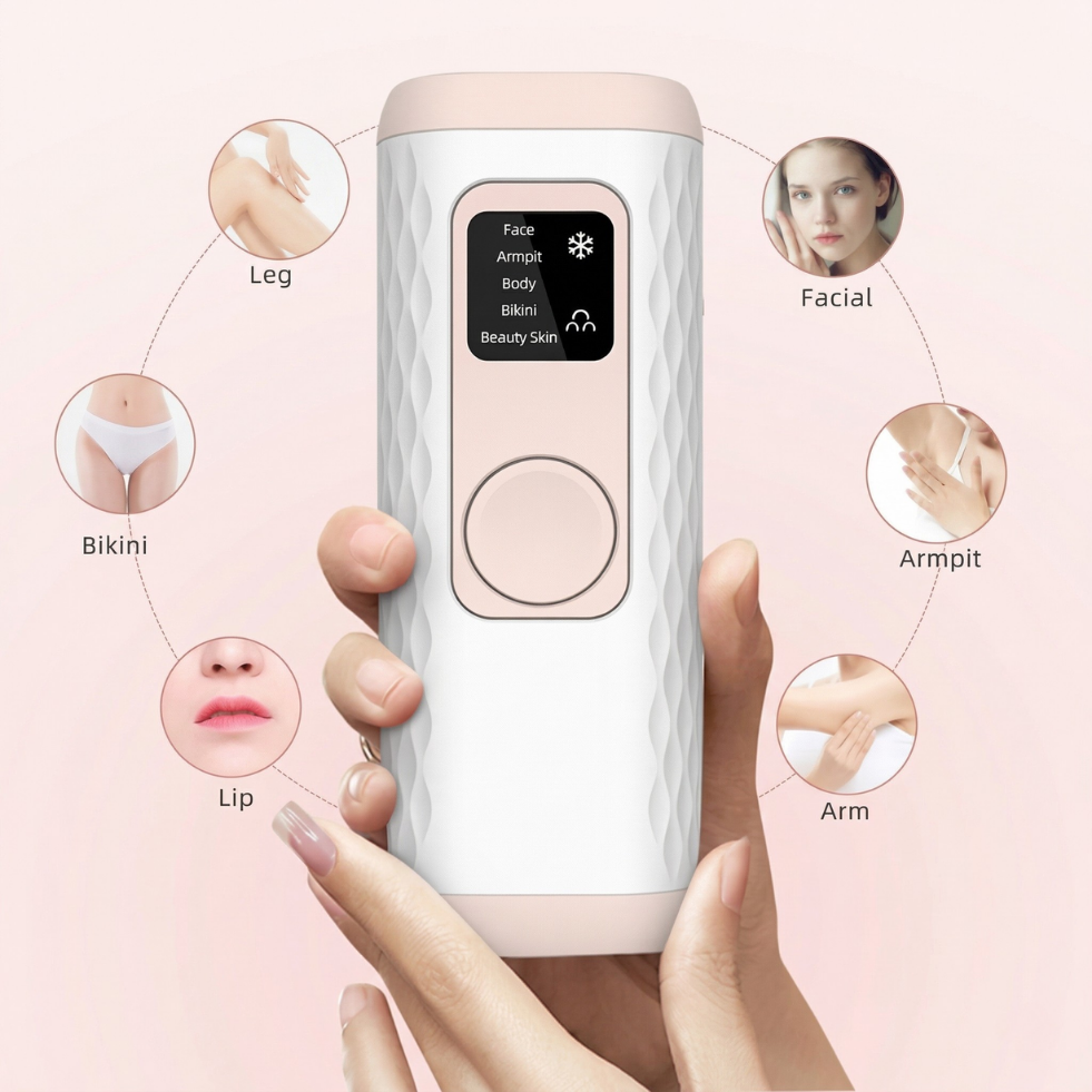 Gloreine IPL Hair Removal device for skin care with labeled areas on a pink background