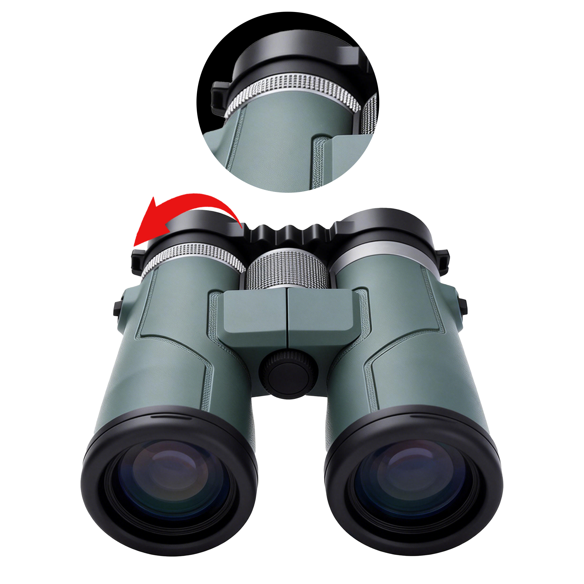 Green AuraLink Binoculars with close-up of eyepiece on a white background