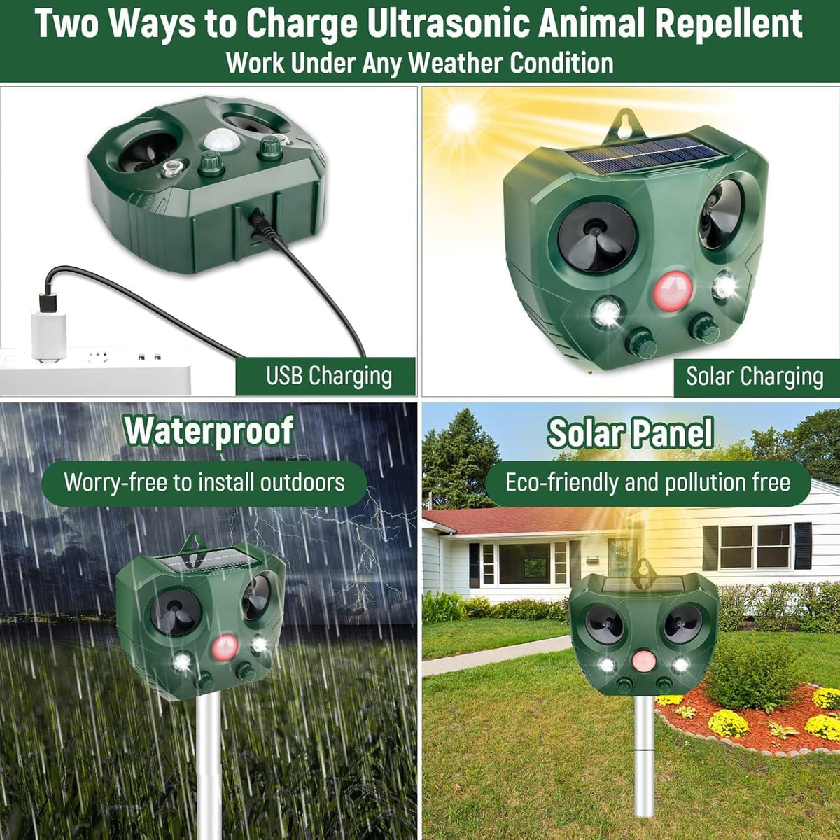 Ultrasonic animal Guardixim Repeller with USB and solar charging options, shown outdoors.