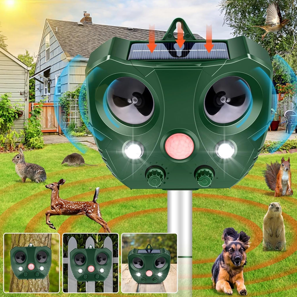 Solar-powered Guardixim Repeller with various animals around it in a garden setting.