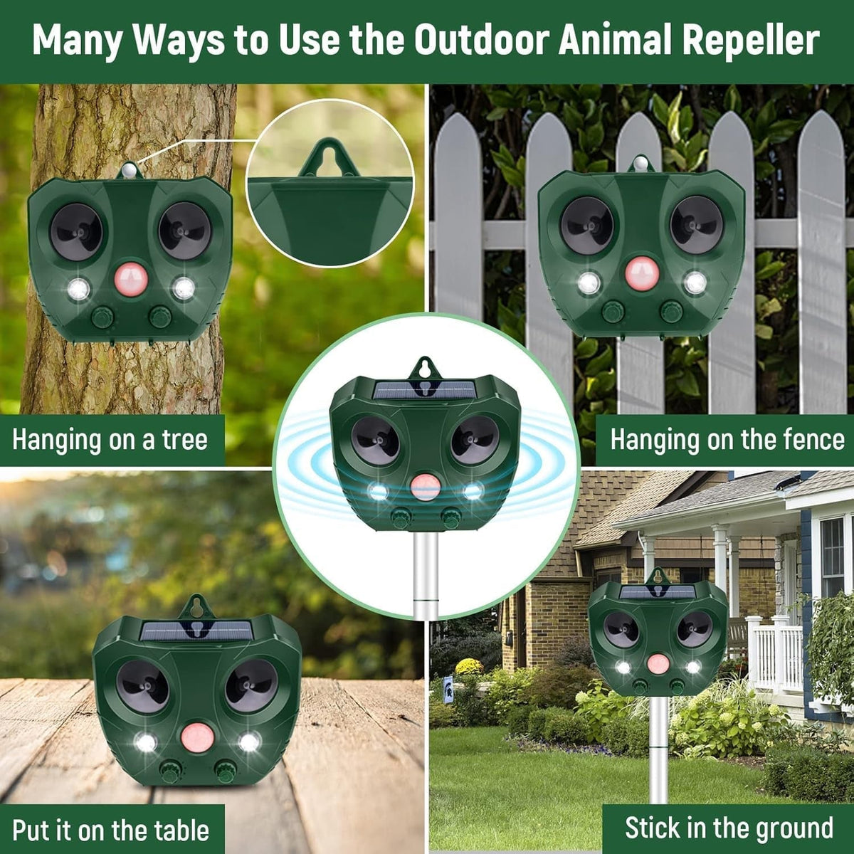 Outdoor Guardixim Repeller with usage instructions on a green background