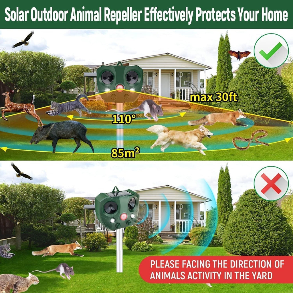 Solar outdoor Guardixim Repeller with features and usage instructions displayed.