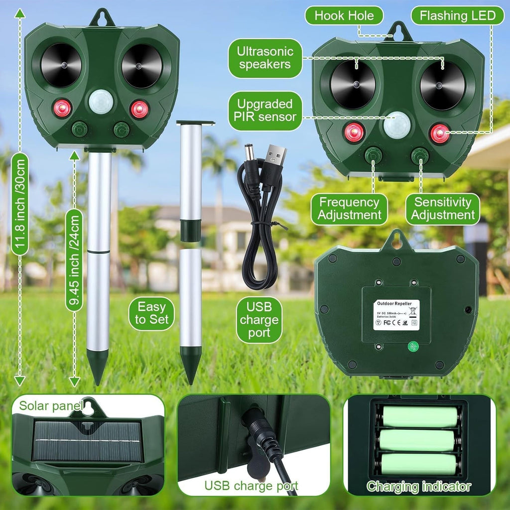 Green Guardixim Repeller with various features labeled on a grassy background