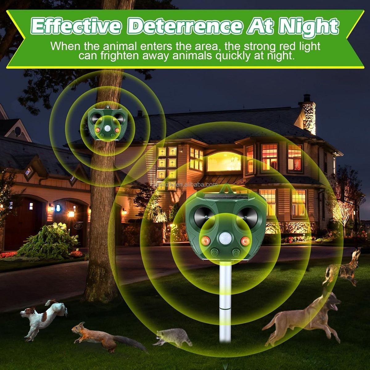 Solar-powered Guardixim Repeller deterrent with red light at night, shown in front of a house with animals around.