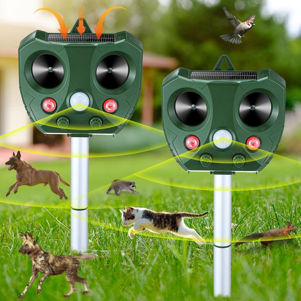 Two ultrasonic Guardixim Repeller deterrent devices on stands with animals and birds in the background.