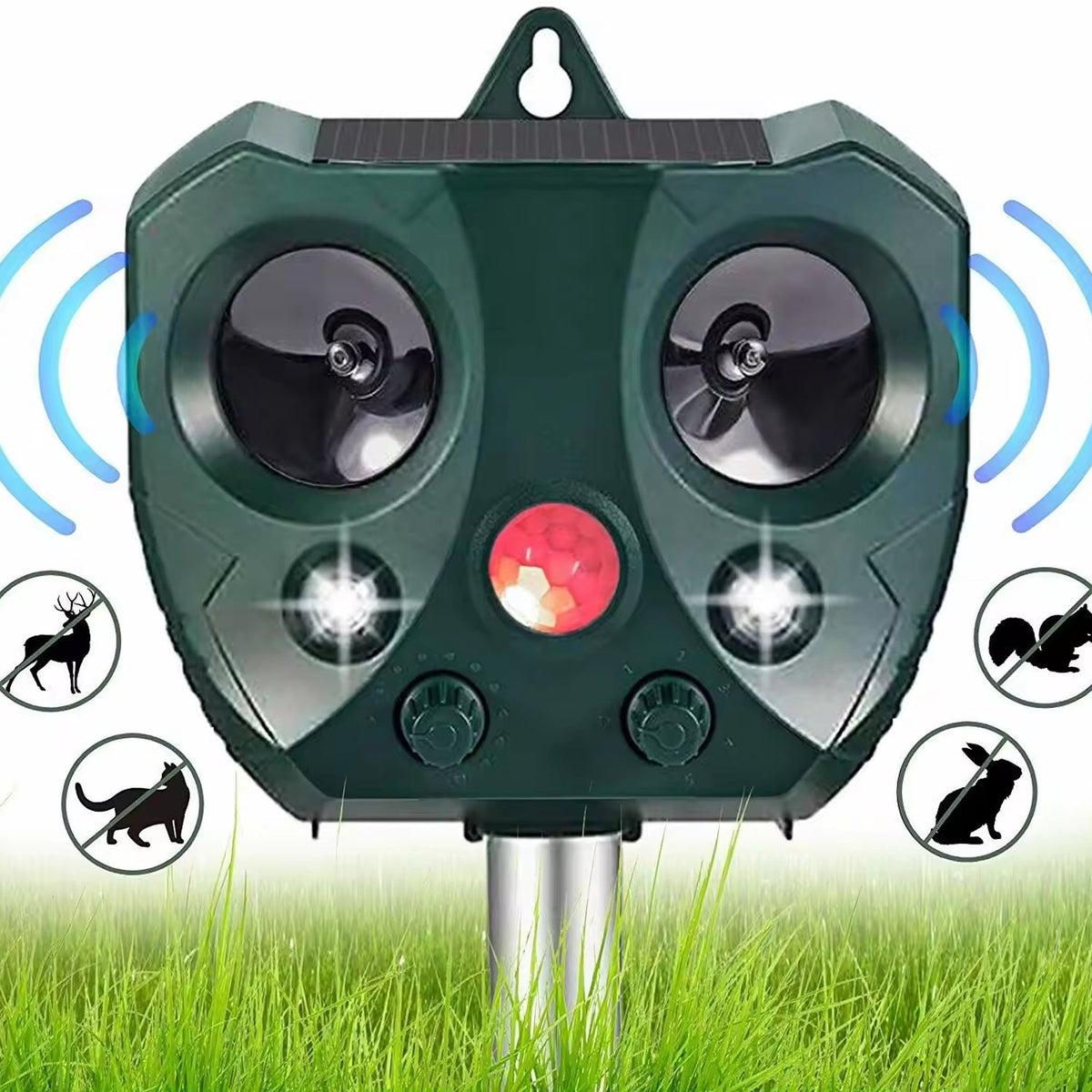 Solar-powered Guardixim repeller with LED lights and sound waves on a grassy background