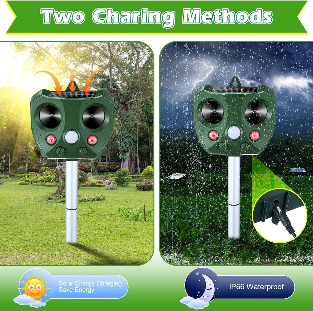 Two images of a pest control Guardixim Repeller with charging methods and weather resistance features.