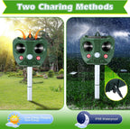 Two images of a pest control Guardixim Repeller with charging methods and weather resistance features.