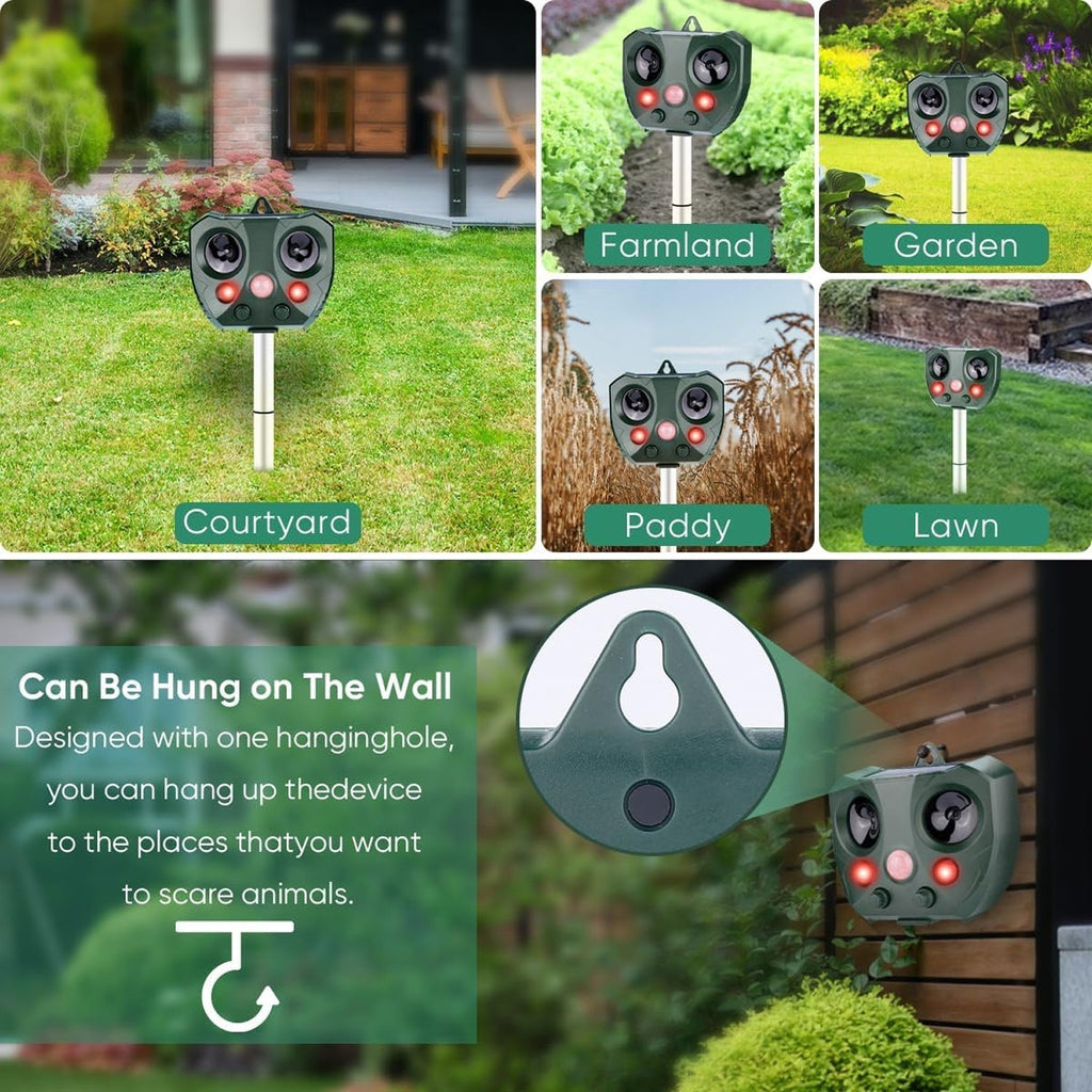 Multiple uses of a pest control Guardixim Repeller in different outdoor settings.