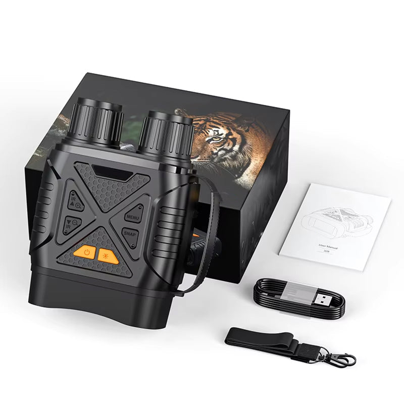 Black HeatSkye Night Vision Goggles with packaging, USB cable, and strap on a white background