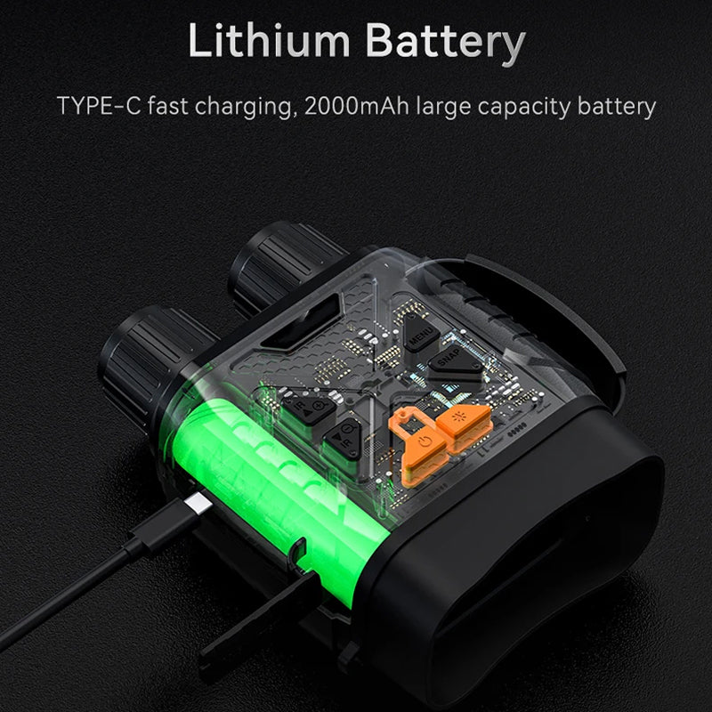 A HeatSkye Night Vision Goggles with a transparent top showing internal components and a glowing green battery, with a USB-C cable plugged in. Text at the top reads 'Lithium Battery' and 'TYPE-C fast charging, 2000mAh large capacity battery'.