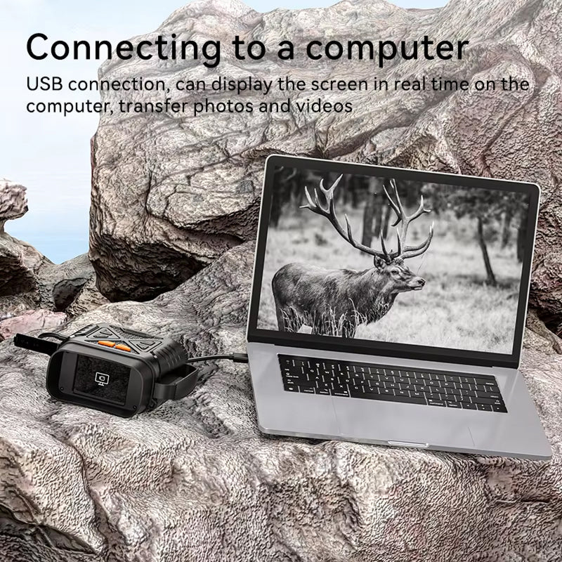 Laptop displaying a deer image on a rocky surface with HeatSkye Night Vision Goggles device.