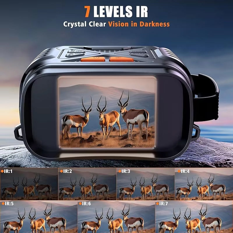 HeatSkye Night Vision Goggles with screen displaying antelopes, labeled '7 Levels IR' on a mountainous background.