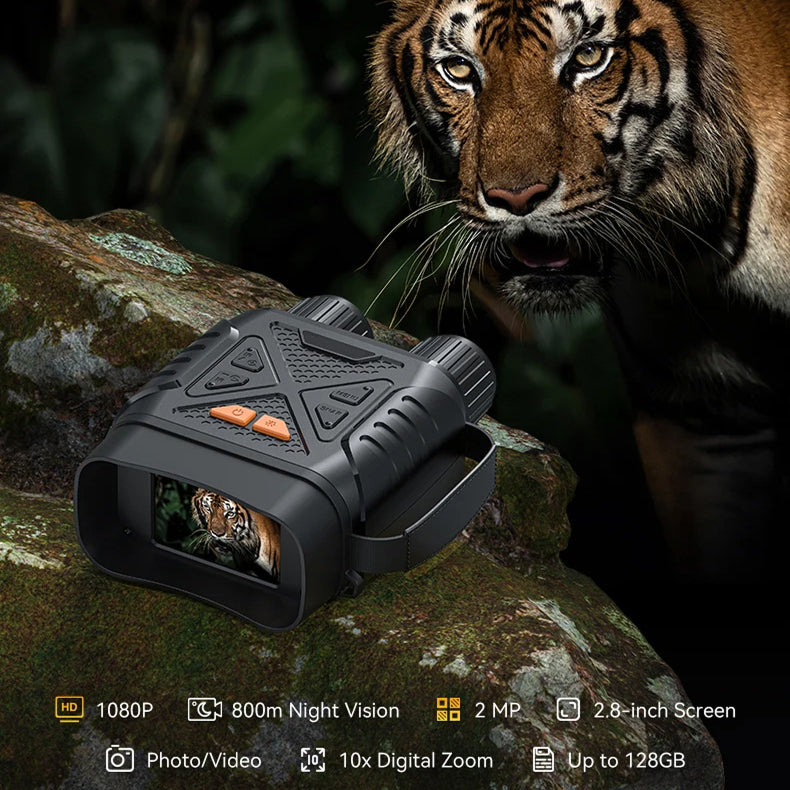 Black HeatSkye Night Vision Goggles with orange buttons, shown resting on a mossy rock with a tiger in the background. Text overlays highlight 1080p resolution, 800m night vision, 2 MP camera, 2.