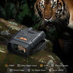 Black HeatSkye Night Vision Goggles with orange buttons, shown resting on a mossy rock with a tiger in the background. Text overlays highlight 1080p resolution, 800m night vision, 2 MP camera, 2.