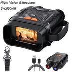 HeatSkye Night Vision Binoculars with screen displaying deer in forest, accompanied by accessories on a white background.