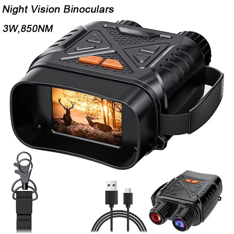 HeatSkye Night Vision Binoculars with screen displaying deer in forest, accompanied by accessories on a white background.