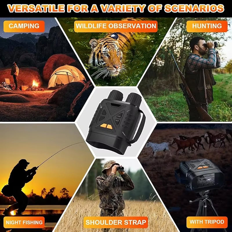 Collage of scenarios showing the use of a device for camping, wildlife observation, hunting, night fishing, and more.