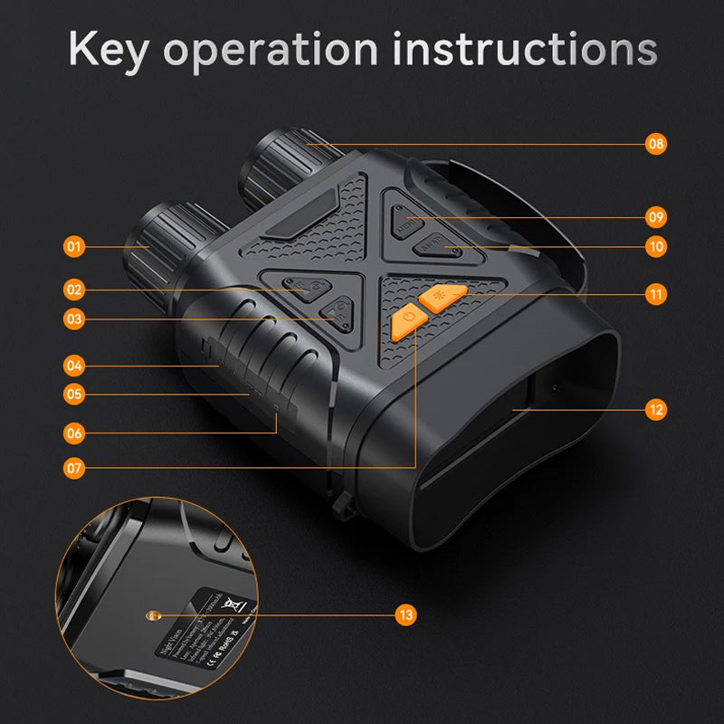 Black HeatSkye Night Vision Goggles device with orange accent buttons, shown on a dark background with the text 'Key operation instructions' and numbered callout lines pointing to features.