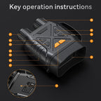Black HeatSkye Night Vision Goggles device with orange accent buttons, shown on a dark background with the text 'Key operation instructions' and numbered callout lines pointing to features.