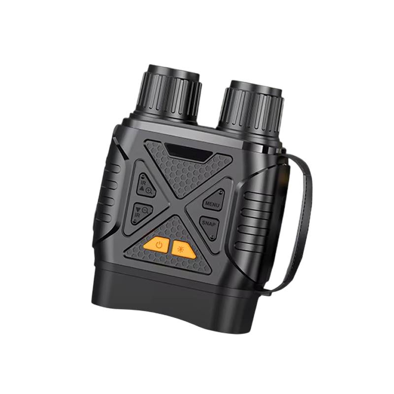 Black HeatSkye Night Vision Goggles device with dual eyecups, textured grip panels, side buttons, and orange control icons, shown on a plain white background.