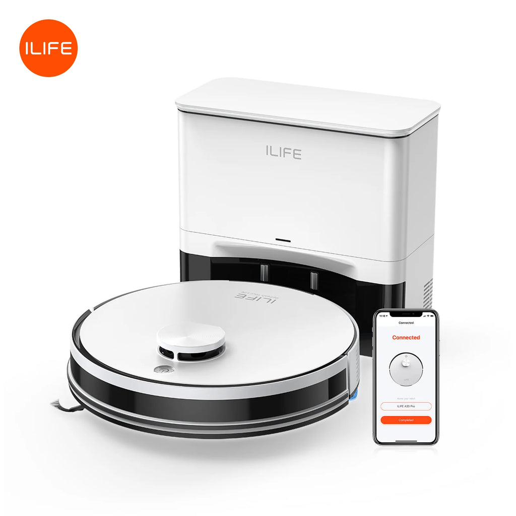 ILIFE Hilio ALIFE Pro 5000 Robot Vaccum shown with its white charging dock and a smartphone app control screen on a clean white background. The ILIFE logo is visible on the vacuum, dock, and app, with an orange ILIFE logo badge in the top-left corner.